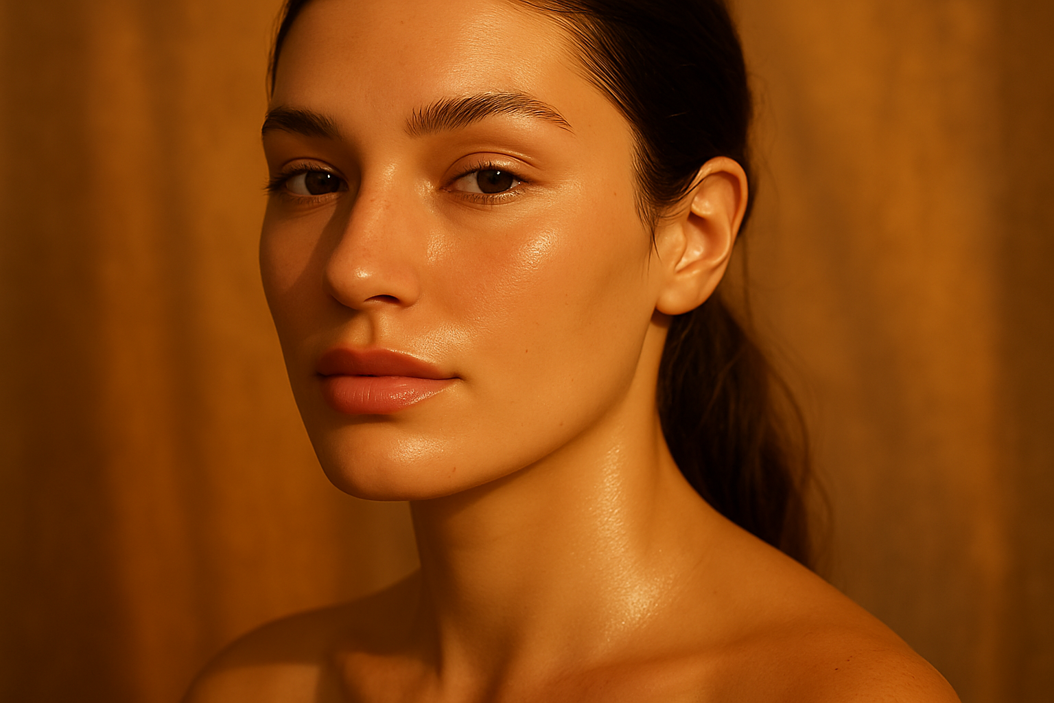Beauty photography with warm golden hour lighting showcasing natural skin texture and subtle makeup with realistic details