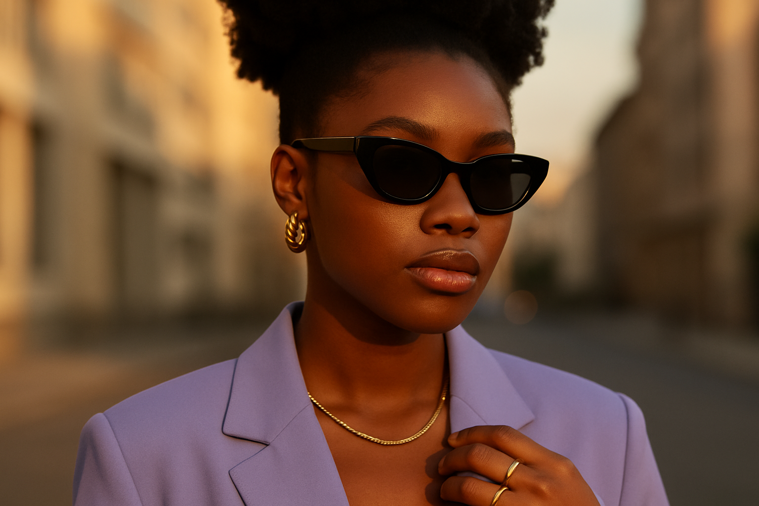 Black woman wearing gold jewelry, stylish sunglasses, and cool-toned clothing in warm lighting