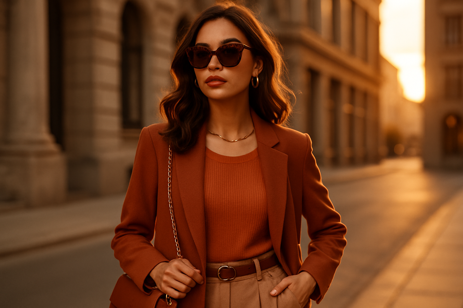 Fashion photo with warm golden hour lighting in an urban setting, featuring trendy outfit and accessories with the same elegant, stylish tone