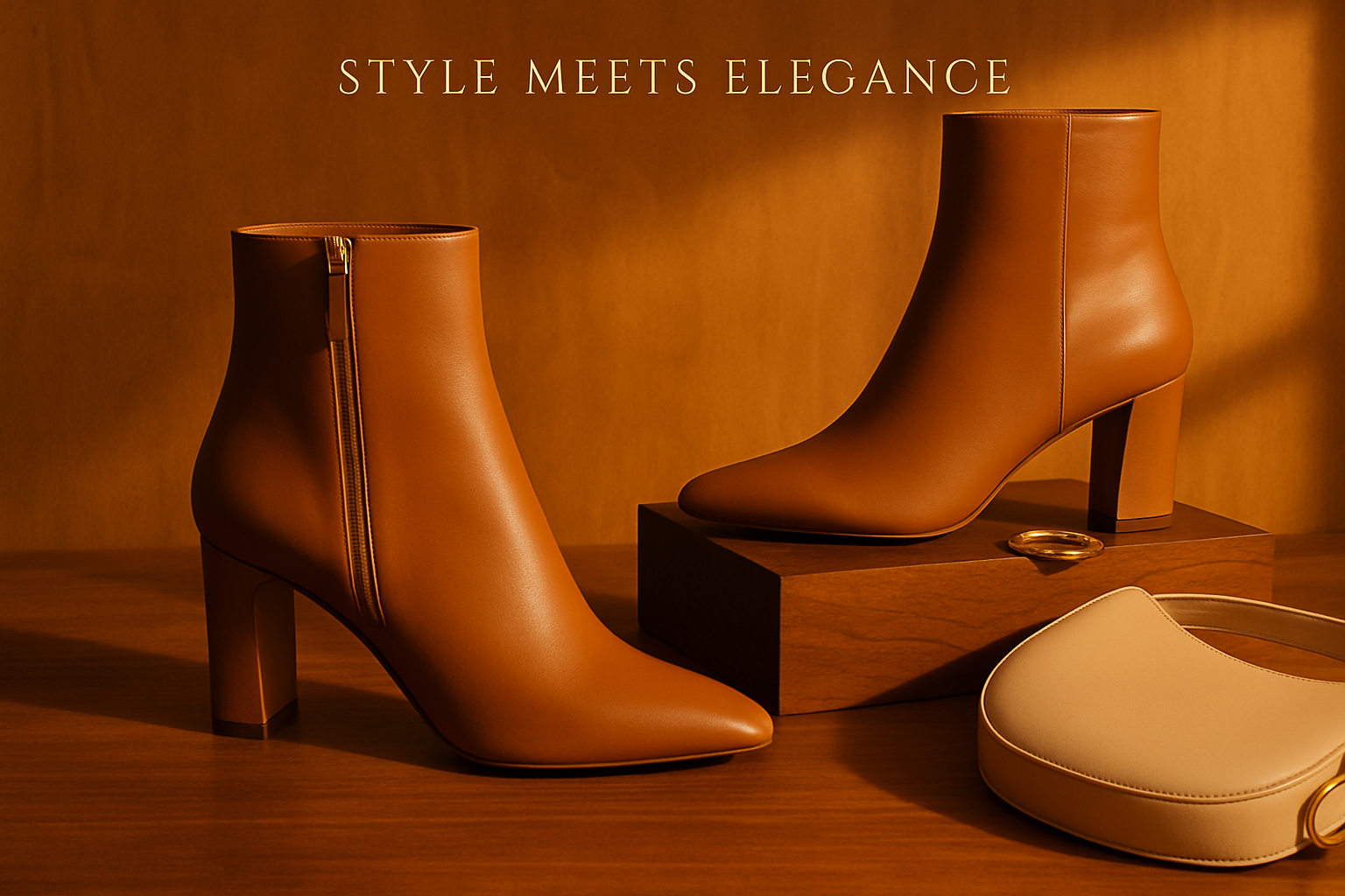 Stylish footwear photography with warm golden hour lighting showcasing fashionable shoes in an artistic composition with amber tones